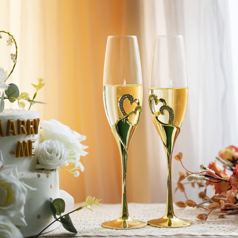 LANLONG Wedding Champagne Goblets Toasting Flute Glasses for Bride and Groom Creative Deluxe Glass Cups with Rhinestone Rimmed Heart Decoration Gift Set - Image 4